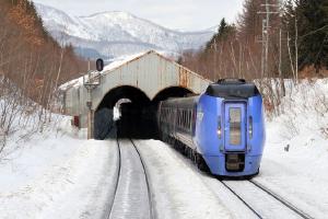 Blue and sliver DMU under the roof of a snowshed.