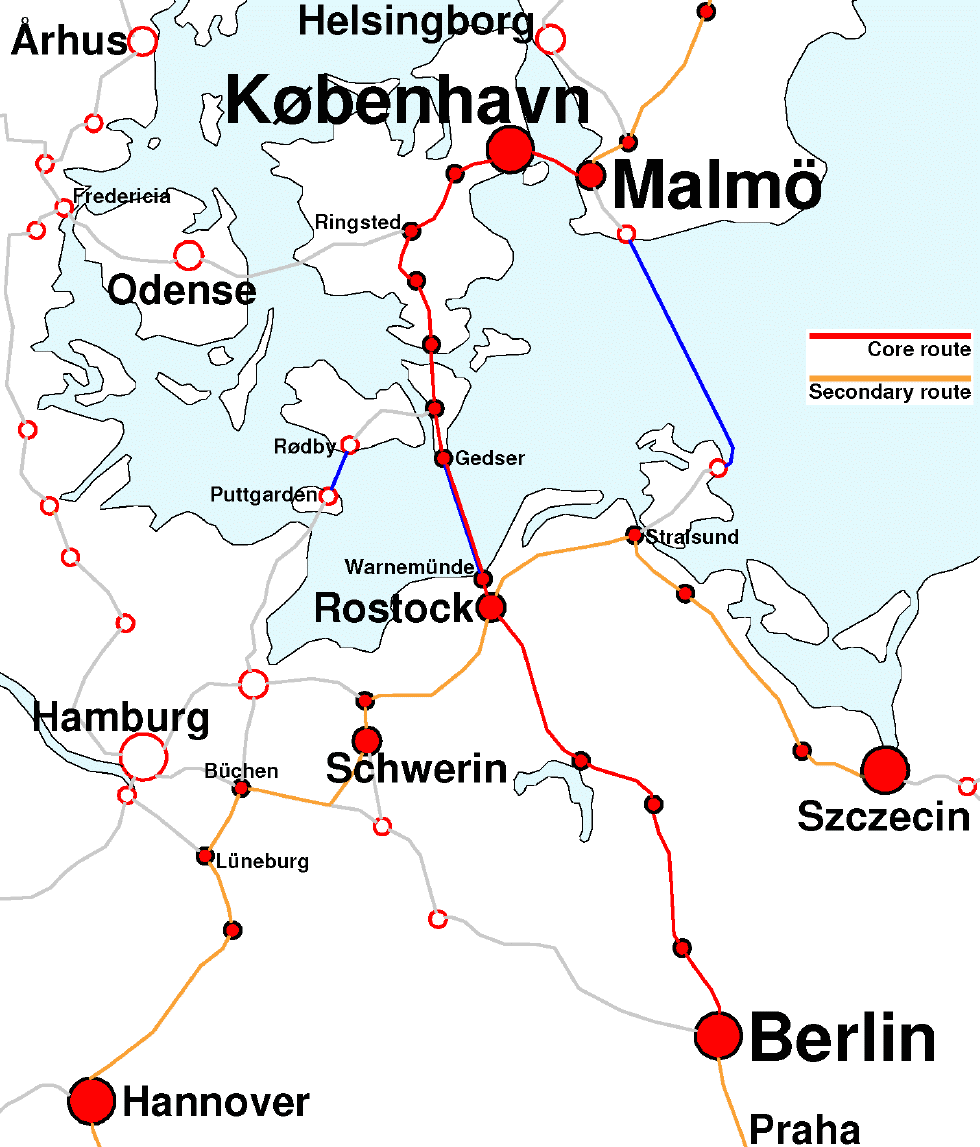 Map of railroad tracks between Århus,
Hannover, Malmö, Berlin. Routes of the project are marked.