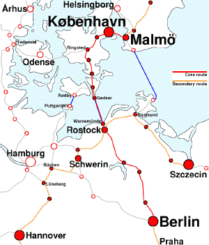 Karte der Eisenbahnlinien zwischen Århus, Hannover,
Malmö, Berlin. Die Routen des Projektes sind markiert.