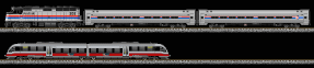 One Amtrak loco with two cars, one articulated DMU with two parts.