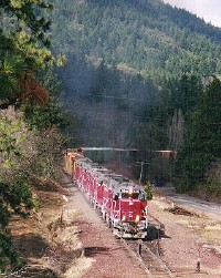 Freight train climbing within a narrow valley, within forests.