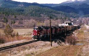 Freight train in wide valley.