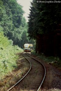 DMU approaches on curvy track through a forest.